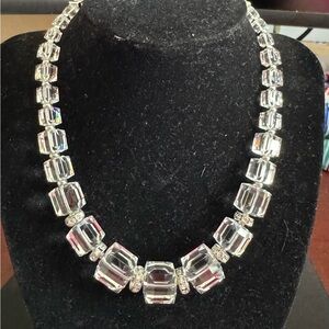 Elegant Swarovski Crystal Necklace w/ Graduating Cube Stones. Silver & CZ Accent